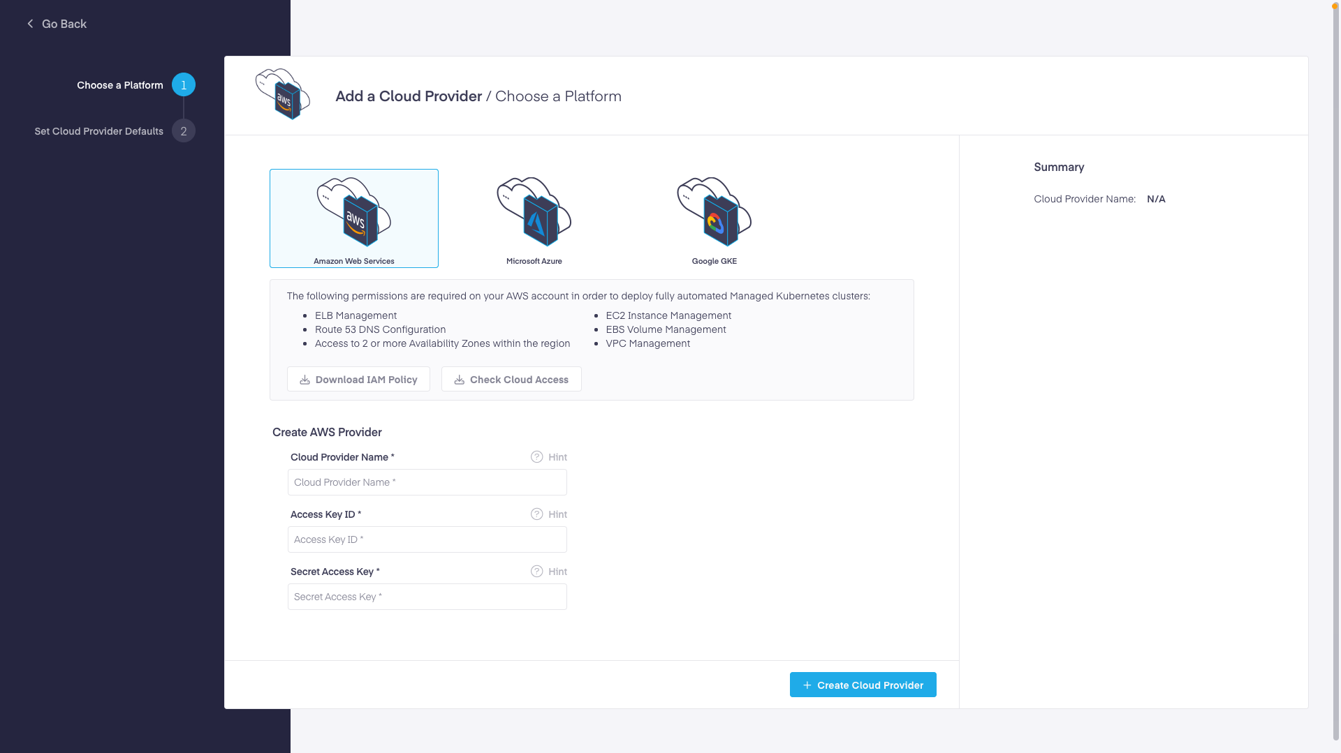 Platform9 – UI - Add New AWS Cloud Provider
