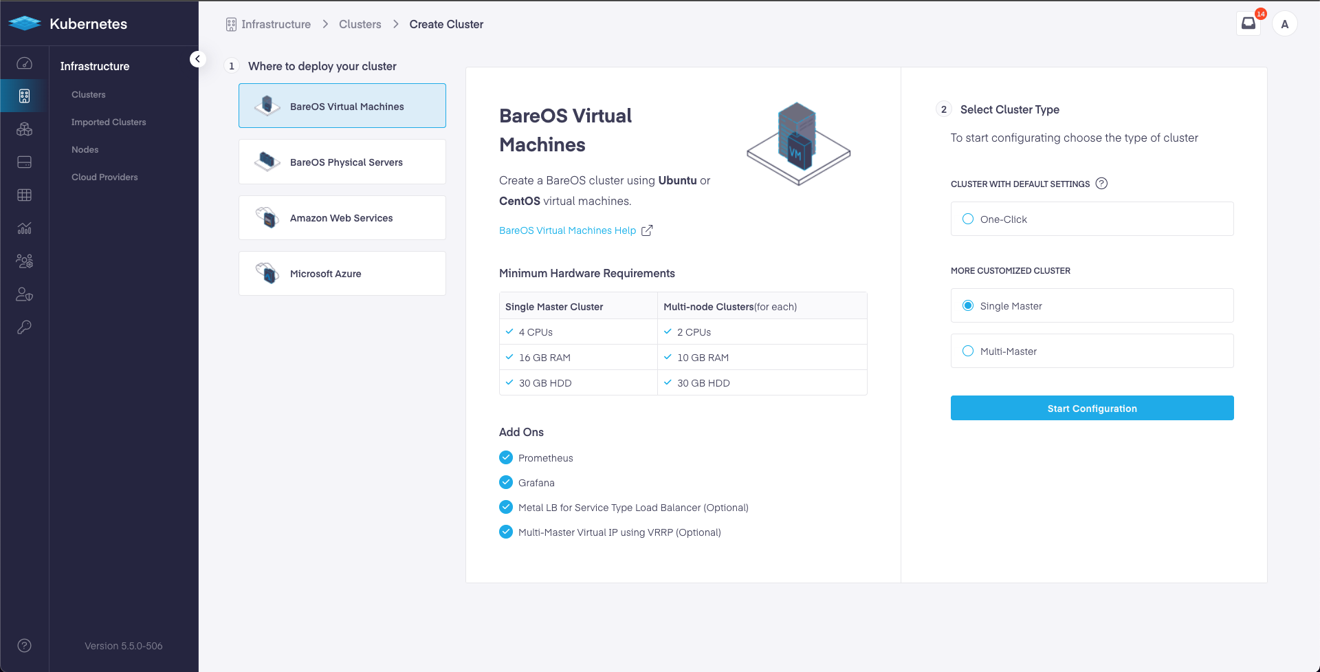 Platform9 UI – Infrastructure - Clusters - Deploy